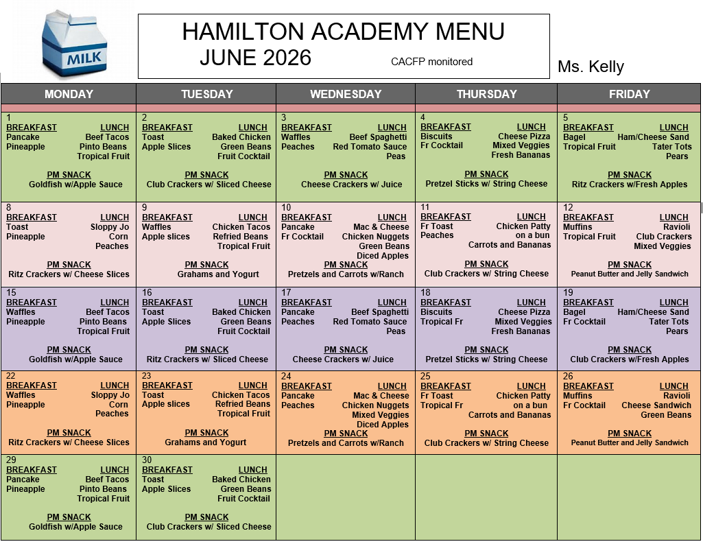 daycare  childcare  private school menu